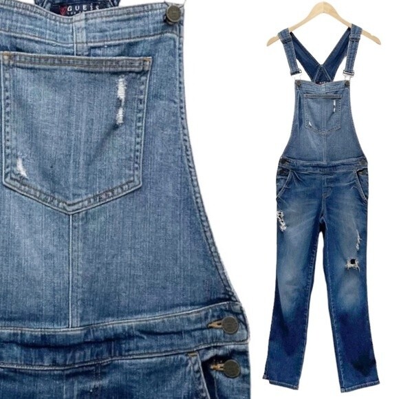 Vintage Guess Jeans Distressed Denim Overalls Medium Wash Straight Leg Size 26 2 - Picture 2 of 16